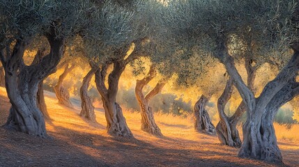 A panoramic view of an olive garden under the warm sun
