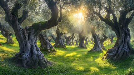 Wall Mural - A panoramic view of an olive garden under the warm sun
