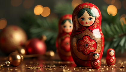 Wall Mural - A red Russian doll sits on a table with other dolls and ornaments