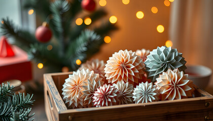 Banner. Cozy atmospheric photo, home festive atmosphere. Collection of old fashioned christmas new year foldable honeycomb toys, craft holiday decoration in vintage wooden box. Magic lights backgrou