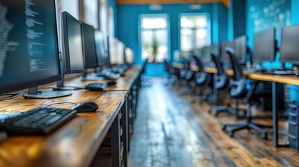 Wall Mural - a modern open office space featuring a long row of computer workstations on wooden desks, with a blu