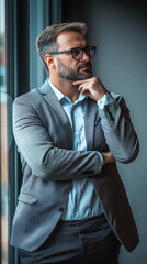 Poster - Businessman ponders an important business decision while standing near the office window and holding his chin