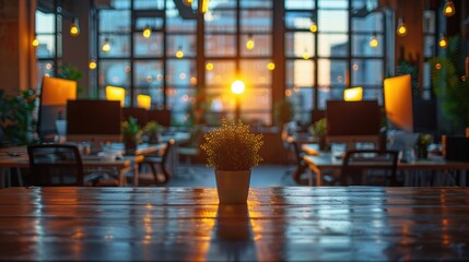 Wall Mural - An inspiring and modern open-plan office space filled with warm natural light from the large windows during sunset, offering a calming workspace environment