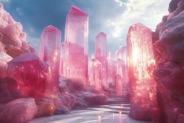 Wall Mural - surreal geometric dreamscape with floating crystalline structures iridescent light refracts through 