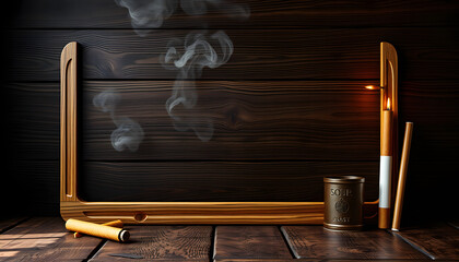 Board with set for smoking on dark wooden background with space for text isolated with white highlights, png