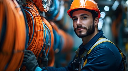 Technicians performing detailed fiber optic cable work, including cutting and fusion, with specialized tools