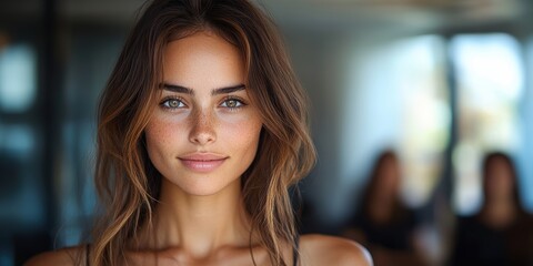 Wall Mural - A young woman with long brown hair and freckles gazes softly into the camera, with a blurred background suggesting an indoor setting with natural light