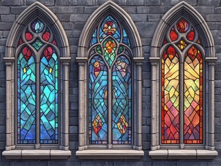 Poster - Stained glass windows on stone wall