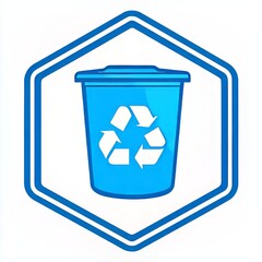 Stylized blue recycling bin with eco-friendly symbol.