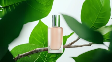 A skincare product mockup resting elegantly on a twisted branch, framed by vibrant green leaves, showcasing natural purity in skincare.