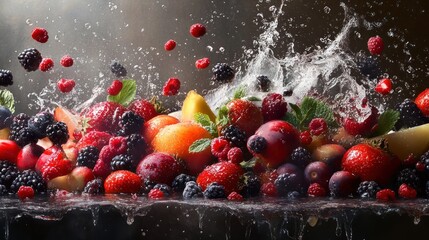 Wall Mural - Fresh Berries and Fruits with Water Splash