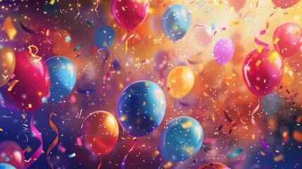 This vibrant celebration background features a cheerful mix of colorful balloons, sparkling confetti, and festive streamers.