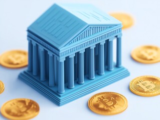 A blue bank building model surrounded by golden cryptocurrency coins, symbolizing finance and digital currency innovation.