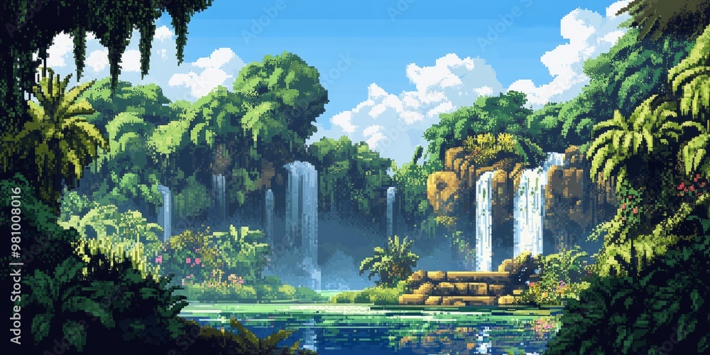 Pixel Art Tropical Waterfall Oasis with Lush Greenery and Clear Blue ...