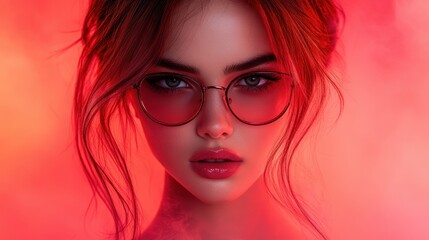 Wall Mural - Striking portrait of a young woman with intense gaze and red sunglasses against a vivid red background filled with atmospheric lighting