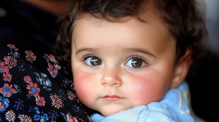 Close-up portrait of an adorable baby with large expressive eyes and rosy cheeks, lovingly nestled against a person wearing floral-patterned clothing