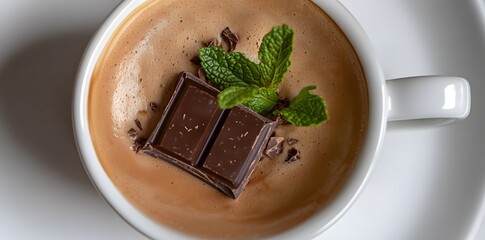 Wall Mural - Closeup of a Cup of Coffee with Chocolate and Mint