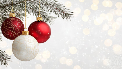 Elegant red and gold Christmas baubles hanging from snowy evergreen branches, with a background of soft, glowing holiday lights.