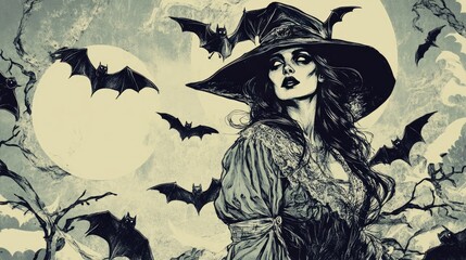 Spooky witch with bats in a vintage tattoo-style illustration, combining eerie elements of nature, fantasy, and dark design.