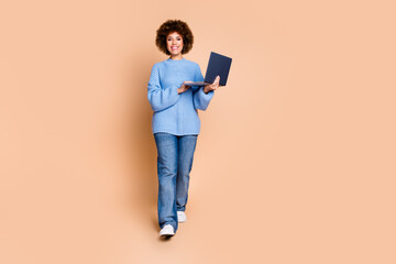 Canvas Print - Full size photo of optimistic girl with chevelure dressed blue sweater holding laptop read email isolated on pastel color background