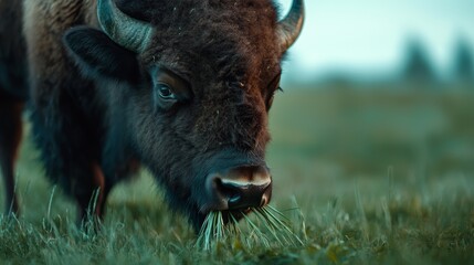 An intimate close-up of a bison grazing in a green field, with blades of grass hanging from its mouth and its fur glistening in the sunlight.