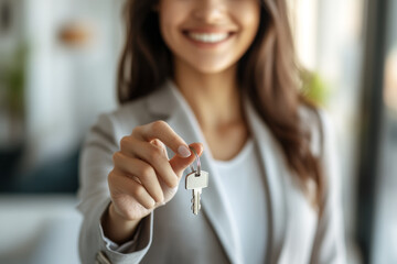 Close up focus on keys, smiling woman realtor selling apartment or car, offering to client, showing at camera, contract, making purchasing deal, real estate agent, mortgage or rent concept