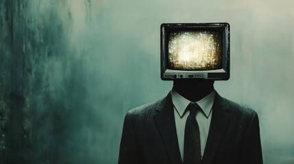 Surreal image of a man in a suit with an old television screen instead of a face, illustrating the concept of media control and its impact on public opinion