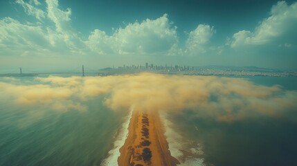 Wall Mural - Aerial view of a foggy coastline with a city skyline backdrop.