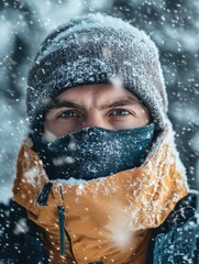 Poster - Man in hat and scarf in snowy landscape