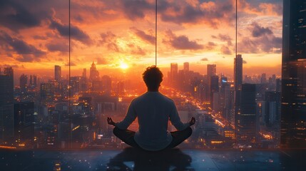 Man meditating in lotus position facing city skyline at sunset