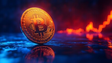 Glowing Bitcoin Cryptocurrency Coin on Futuristic Background with Fiery Flames