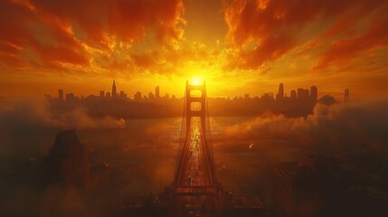 Wall Mural - Golden sunset over a bridge with a city skyline in the background.