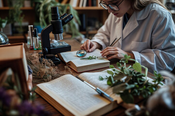 a wooden desk with botanical books magnifying glasses dried flowers and plant specimens