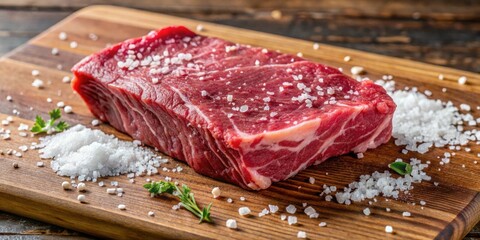 Richly marbled raw beef deckle rests on a wooden cutting board, surrounded by coarse salt and glistening fat, awaiting transformation by skilled hands.