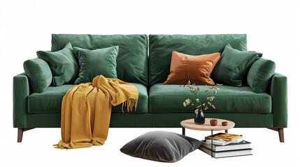 Elegant green sofa and decorative accents in living room on transparent background.