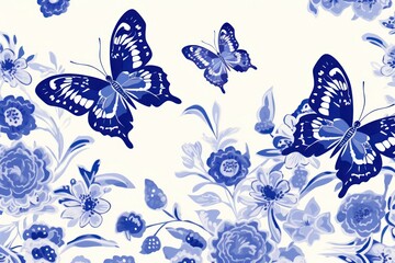 Sticker - Butterfly on flower backgrounds porcelain pattern.