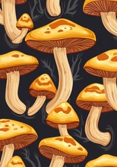 Wall Mural - Colorful golden mushrooms on a dark background, showcasing detailed patterns.