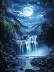 Wall Mural - Waterfall at night with full moon