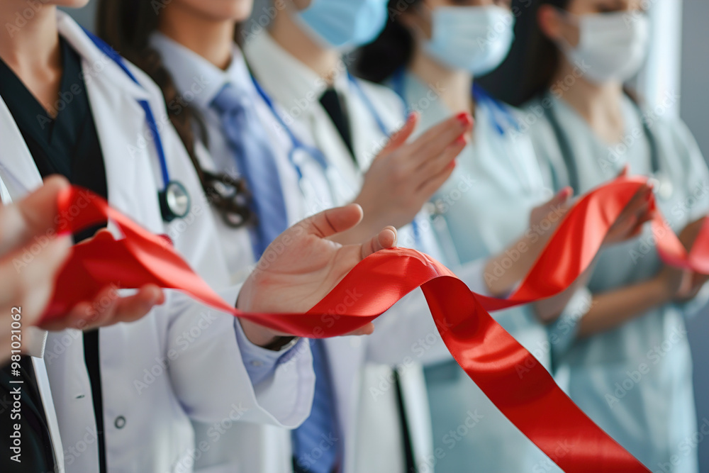 Ribbon cutting ceremony at hospital entrance, doctors and nurses ...