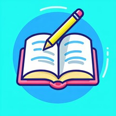 Colorful illustration of an open book with a pencil on a vibrant blue background.