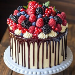 Wall Mural - Chocolate Drizzled Cake Topped With Fresh Berries.