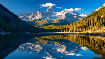 Breathtaking reflection of majestic mountains and lush forests on calm lake water during a sunny day in the wilderness. Generative AI