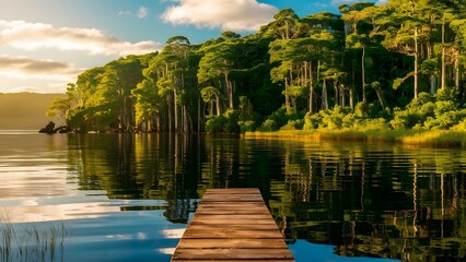 Wall Mural - Tranquil wooden pier extending into a serene lake surrounded by lush forest at sunset in a picturesque landscape. Generative AI