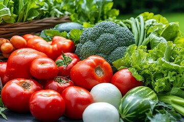 A close-up of organic farming produce, with fresh fruits and vegetables displayed in a natural setting