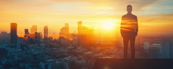 Entrepreneur standing on rooftop merging with city below close up, focus on, copy space as the sun sets Double exposure silhouette with sprawling cityscape