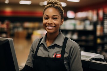 Wall Mural - Portrait of a young female black cashier at supermarket