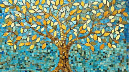 Wall Mural - A vibrant mosaic of a tree with colorful leaves against a blue background, symbolizing nature and creativity.