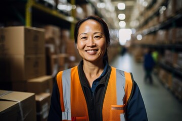 Wall Mural - Portrait of a smiling middle aged female warehouse worker