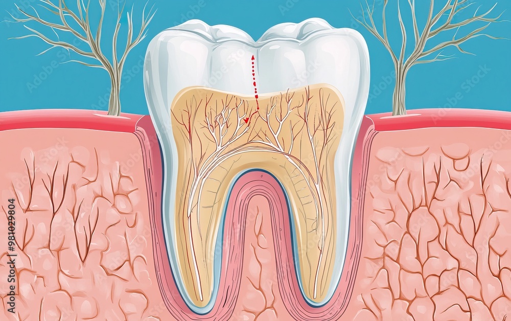 Detailed illustration of a tooth anatomy highlighting nerves and veins ...