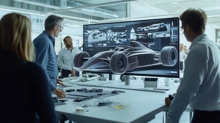 Automotive engineers designing wireframe model of a formula one car on computer